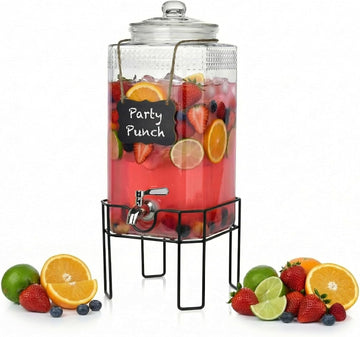 2 Gallon Glass Drink Dispenser, Drink Dispensers for Parties, Beverage Dispenser with Stand and Glass Lid, 100%