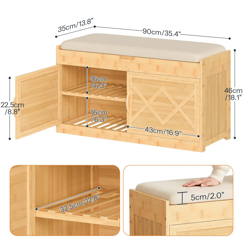 Shoe Bench, Shoe Storage Bench with Cushion, Bamboo Entryway Bench with Hidden Compartment, Storage Bench with Lift