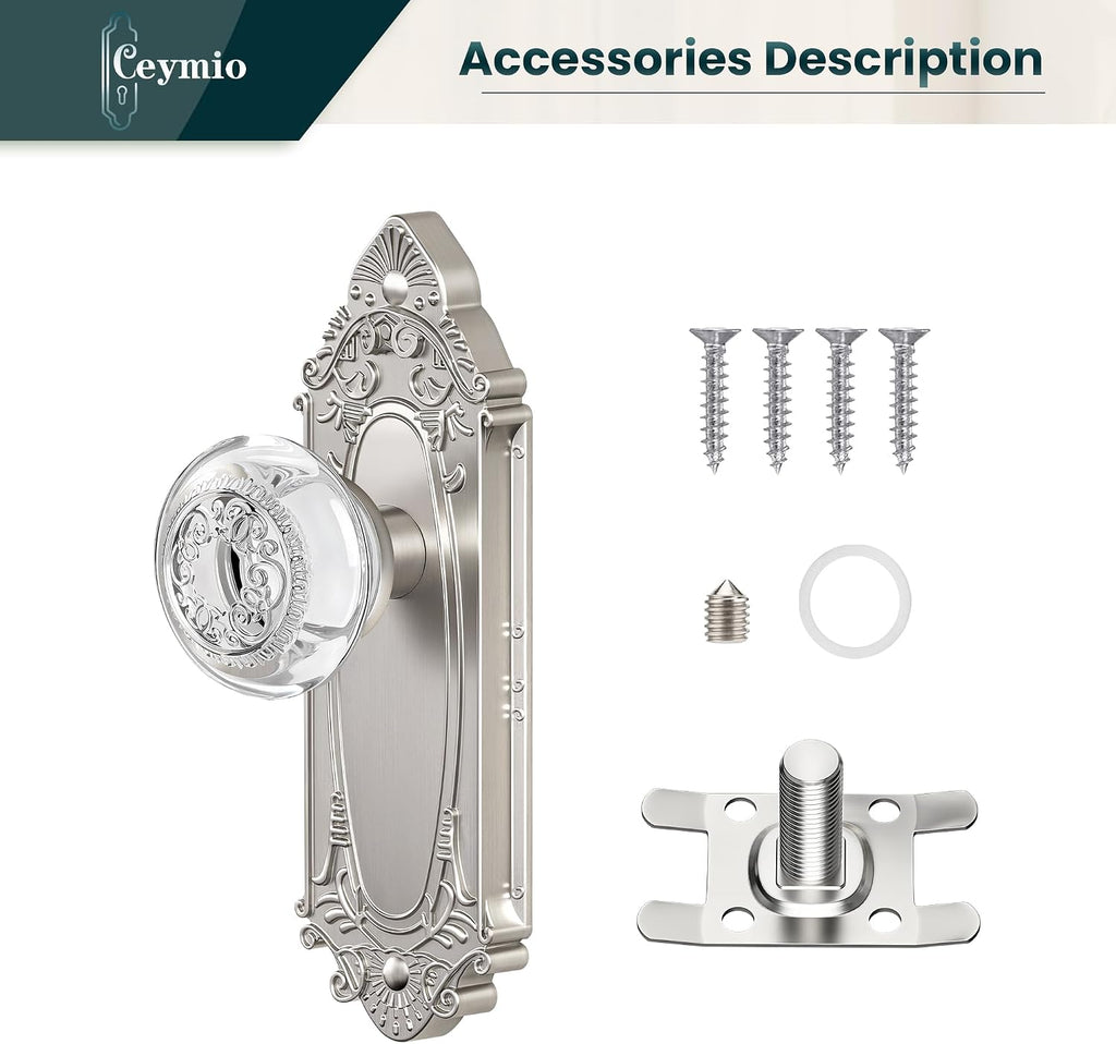Brushed Nickel Crystal Dummy Door Knobs, Vintage Interior, 2 Pack