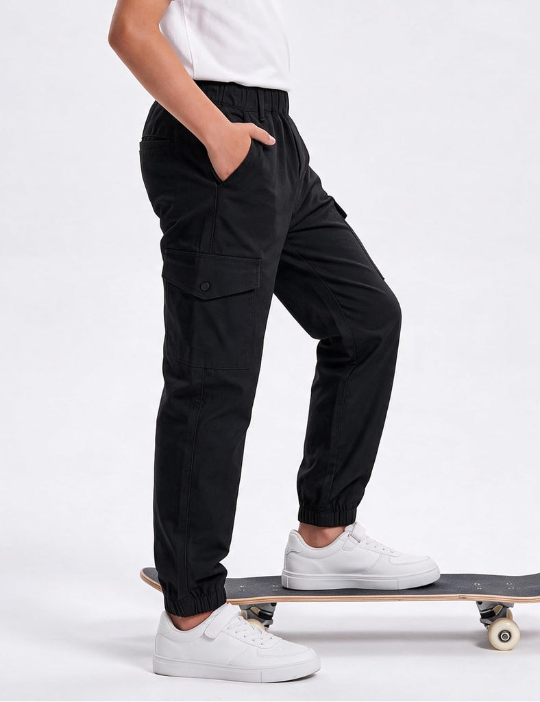 Boys Cotton Solid Color Elastic Waist Fall Winter Cargo Pants