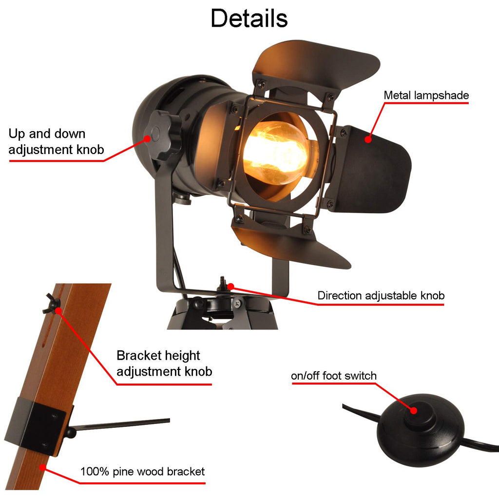 Vintage Adjustable Wood Tripod Floor Lamp, Camera Large