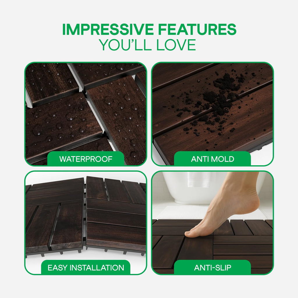 Interlocking Deck Tiles 9.6 SQFT - 10PCS Waterproof Acacia Wood Patio Tiles, Flooring Tiles for Indoor and Outdoor