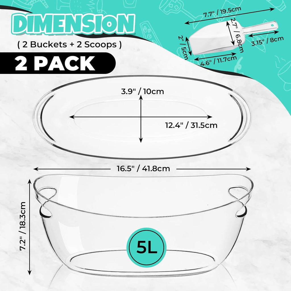Ice Buckets 2-Pack, 5L Large Clear Acrylic Beverage Tubs with Scoops - Set of 2
