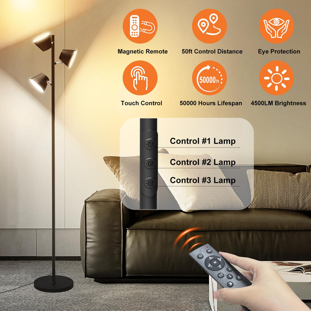 LED Tree Floor Lamp, 42W 4500lm Dimmable Standing Lamp with Remote & Touch Control, Modern Super Bright 3 Rotatable