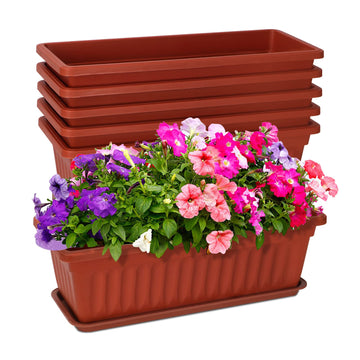 Window Box Planter, 6 Pcs 17" Flower Rectangle Planter with Tray, Brick Red