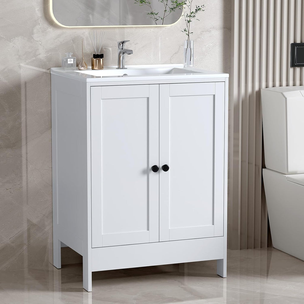 Bathroom Vanity with Ceramic Sink, 24 Inch White Bathroom Sink Cabinet Combo, Restroom Basin Cabinet with 2 Doors,Modern Lavatory Laundry Room Freestanding Organizer w/4-Tier-Hidden Storage A133-B0DYYTVNTN