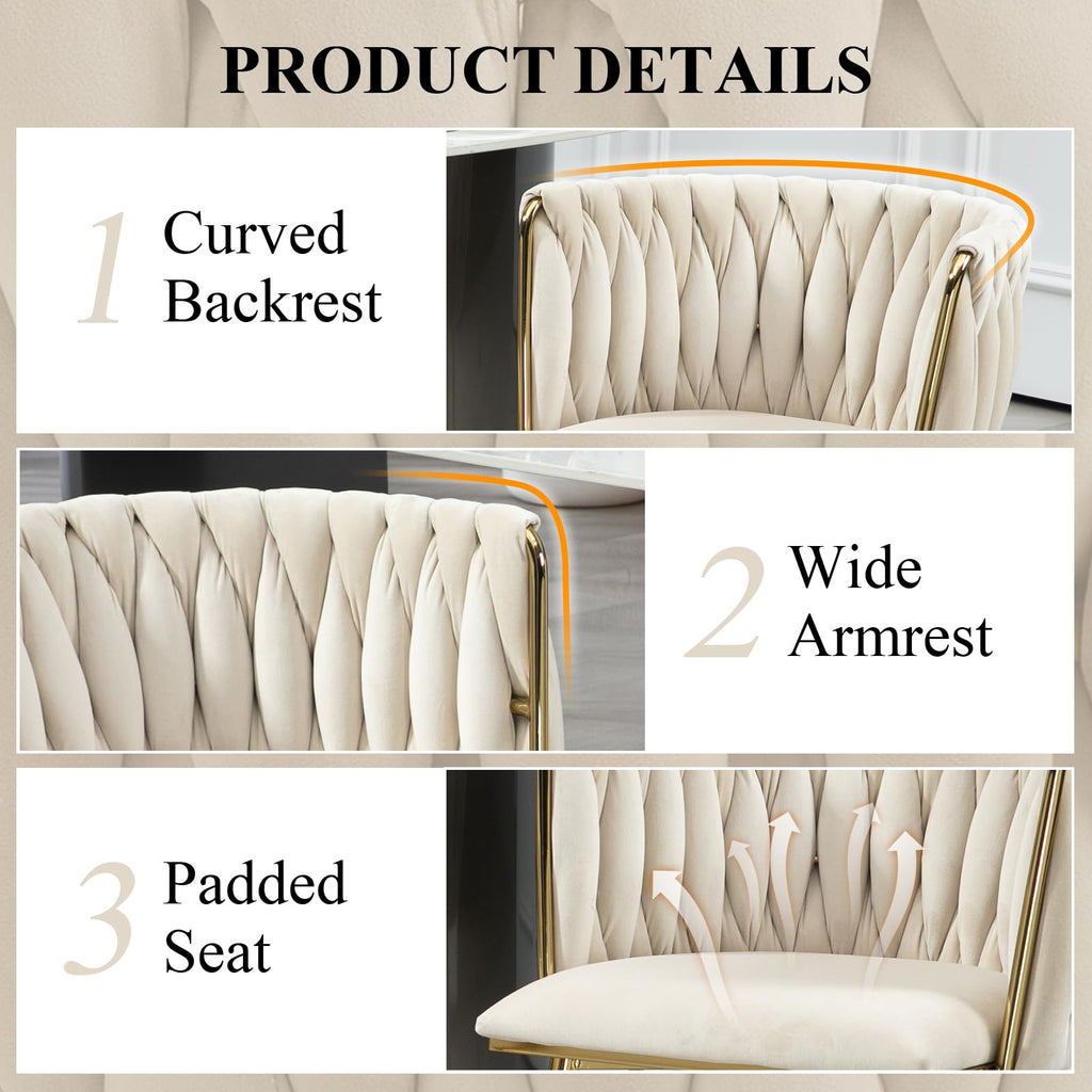 Modern Velvet Dining Chairs Set of 2 Hand Weaving Accent Chairs Living Room Chairs Upholstered Side Chair with Golden
