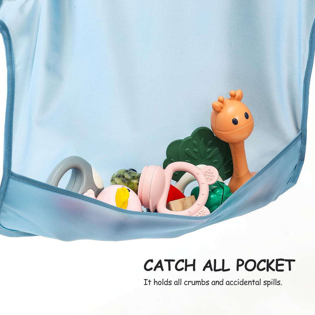 4 Pack Long Sleeve Bib, Reusable Bib with Catch-all Pocket, Waterproof Sleeved Smock for 6-30 Months Baby Boy or Girl
