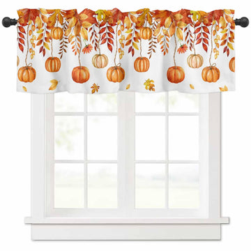 Orange Pumpkins Fall Valances Window Treatment Farmhouse Decor, Thanksgiving Autumn Weeping Leaves Rod Pocket Valance