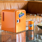 Fanta Mini Fridge - 6 Can Refrigerator for Bedroom Office, Portable Table Top Beverage Cooler, 12V 110V Refrigerador
