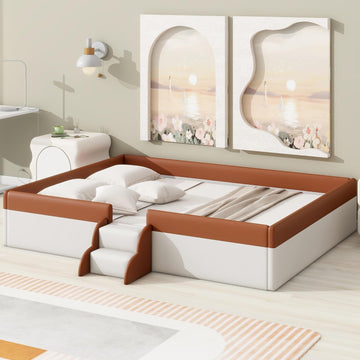 Queen Size Montessori Floor Bed with Stairs, PU Upholstered Montessori Bed Frame with Slats and Fence, Easy Assemble