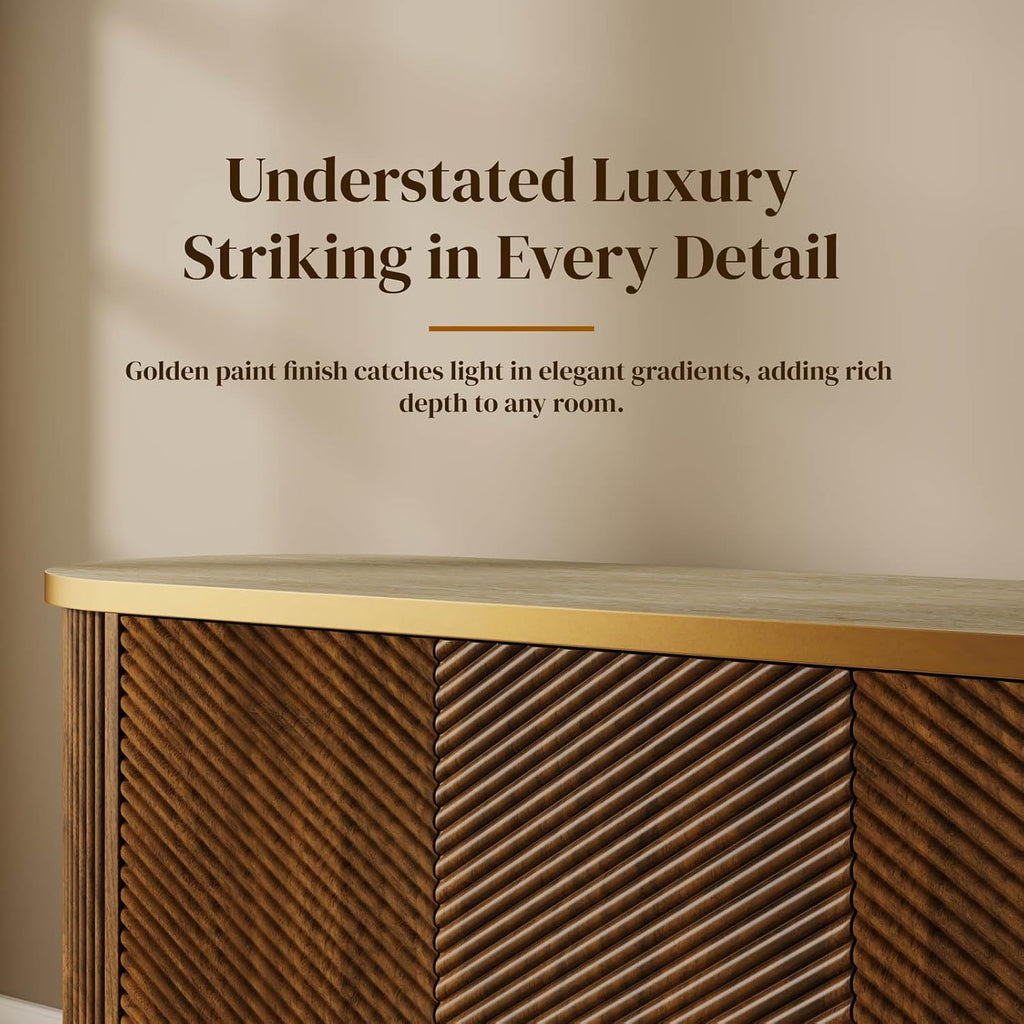 Sideboard Buffet Cabinet with Storage,Mid Century Modern Credenza,Walnut | Faux Marble Top,Diagonal Fluted