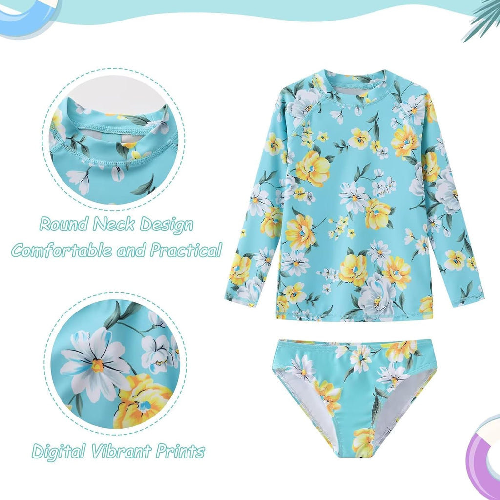 Girls 3 Piece Swimsuits Set for Girls Long Sleeve Rash Guard Swim Set Hawaiian Beach Tankini Bathing Suits