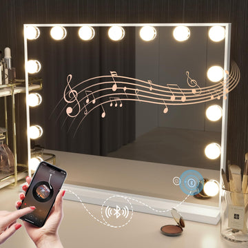 Vanity Mirror with Lights and Bluetooth Speaker 22.8''x18.4'' Lighted Makeup Mirror with 15 LED Bulbs Hollywood