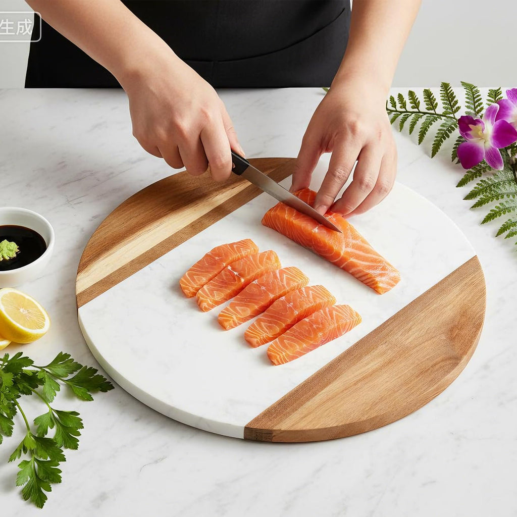 12" Marble Cheese Board and Acacia Wood Serving Board, Handcrafted Round Marble Tray Cutting Board for Cheese
