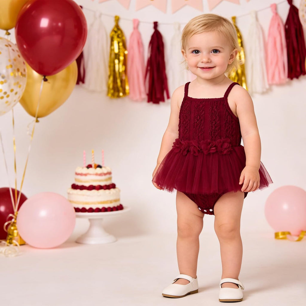 Baby Girls Romper Dress Tutu with Flower Waist Solid Color Infant Birthday Outfit Summer Baby Girl Clothes