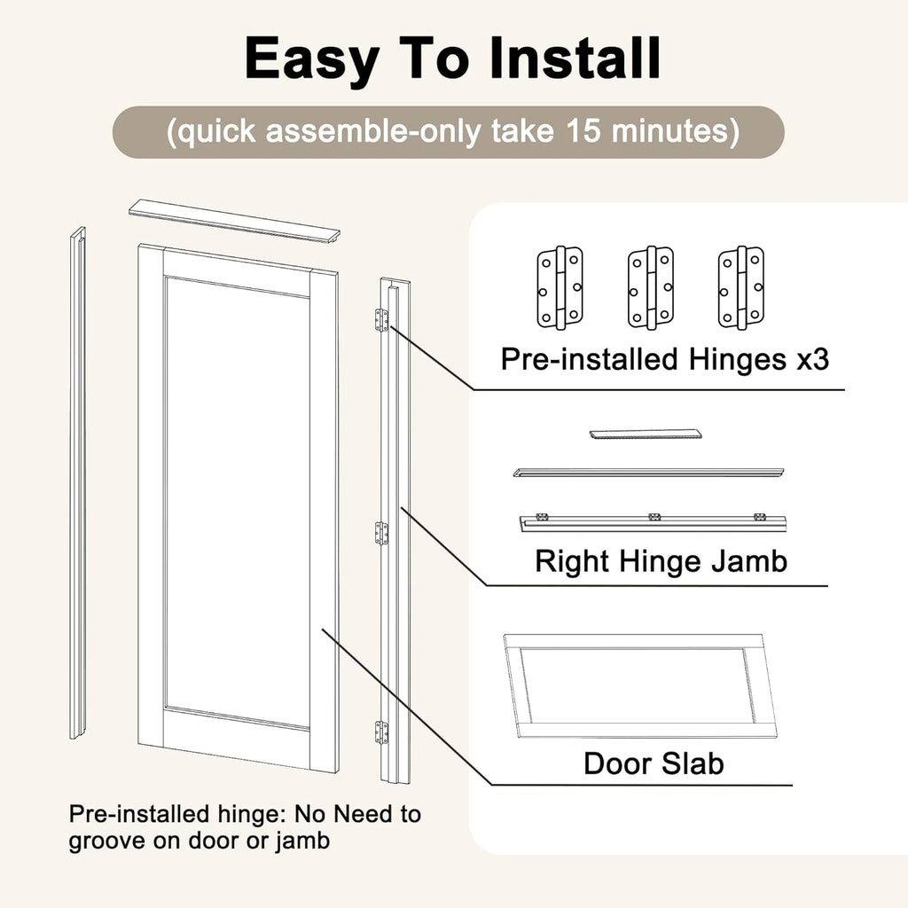 32" x 80" Prehung Door 5-Lite Tempered Frosted Glass Slab Doors with Jamb Kit, Solid Core MDF Interior Door for