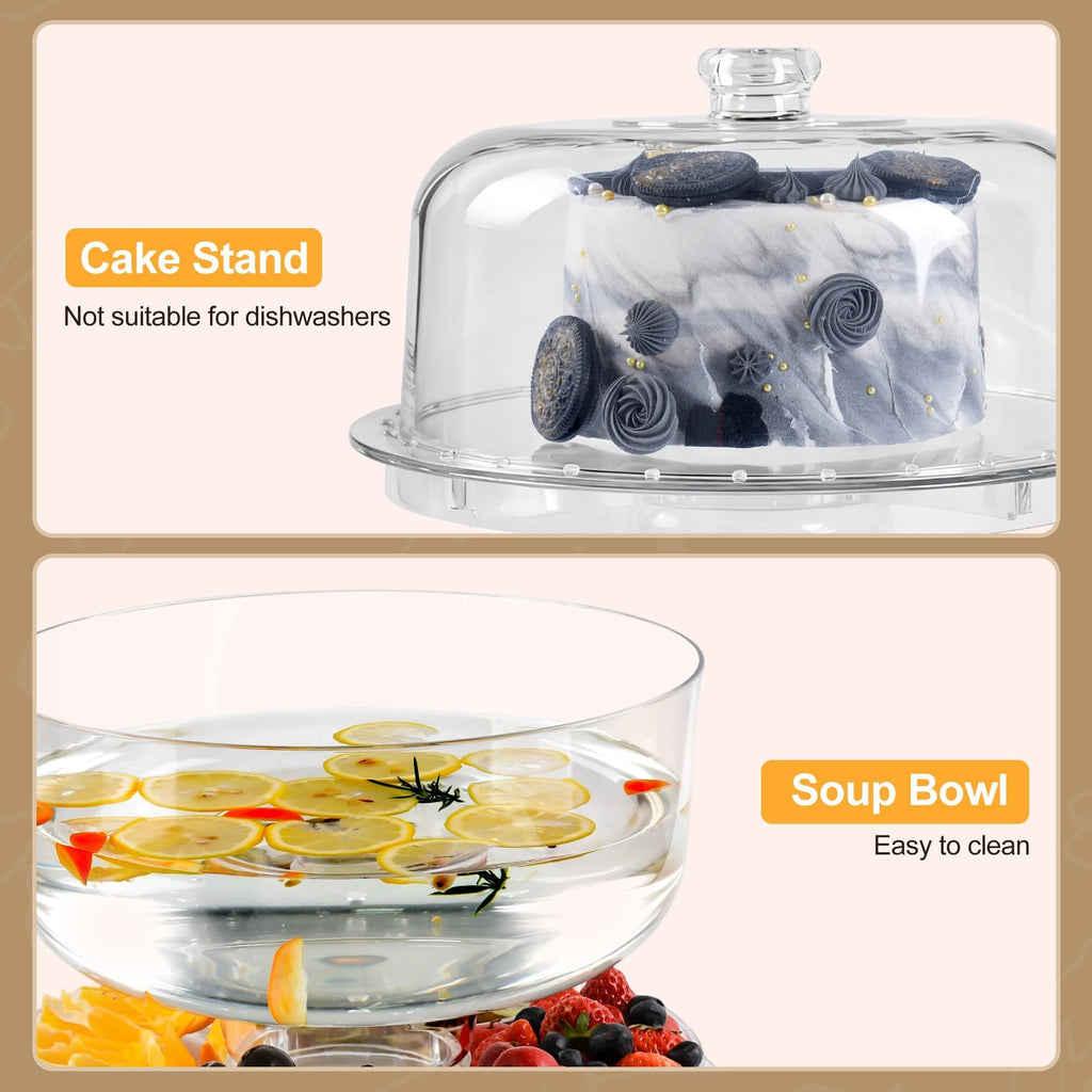 Acrylic Cake Stand with Dome Lid, 12.2 Inch 6-in-1 Clear Cake Plate Carrier with Handle, Crystal Display Holder