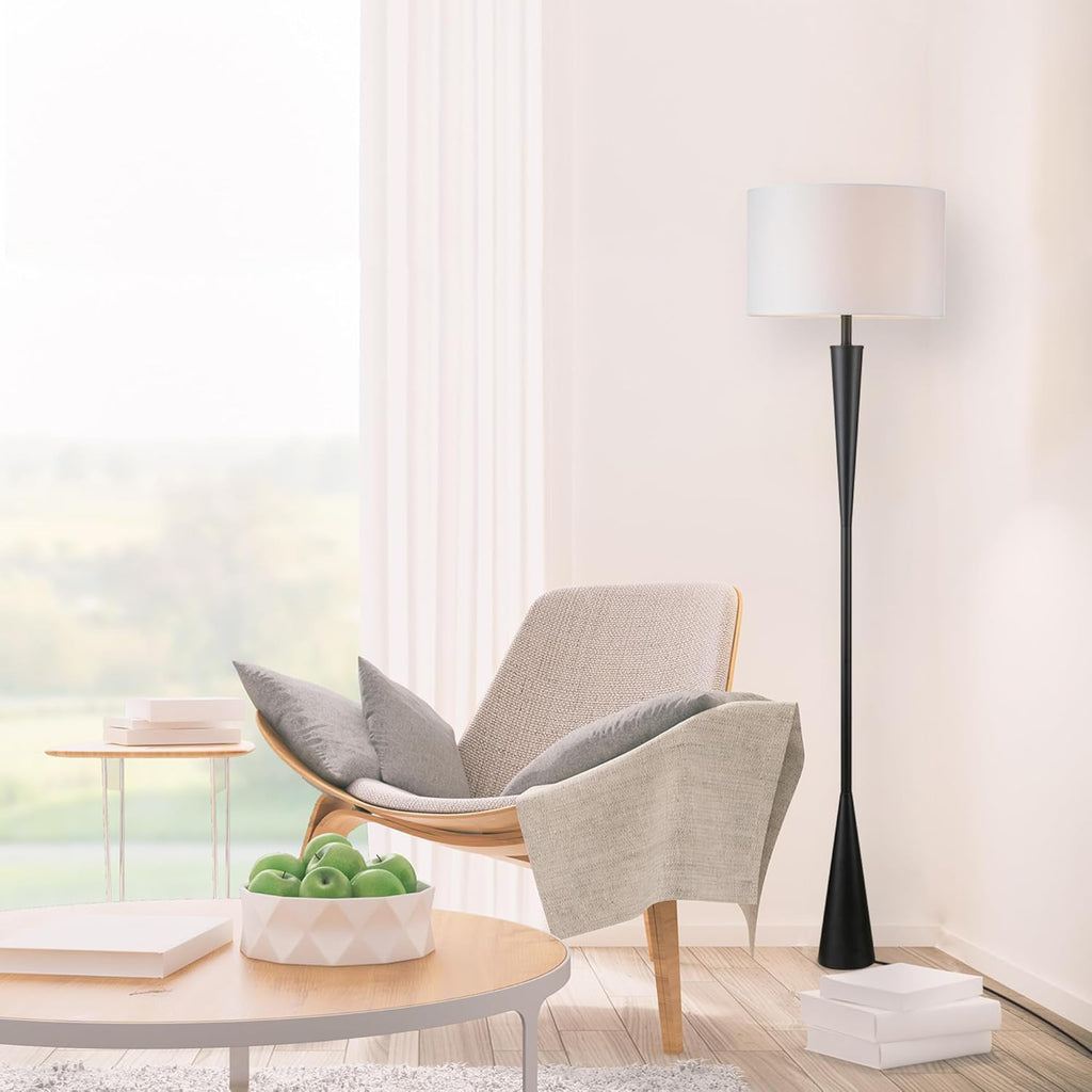 67224 70" Floor Lamp, Matte Black Finish, White Fabric Shade, Modern Tapered Frame, E26 Base