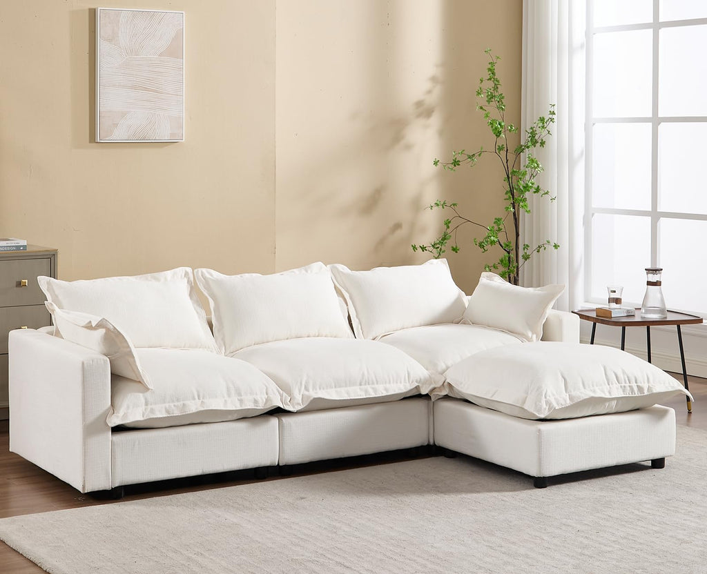 97" Modular Sectional Sofa with Moveable Ottoman Upholstered Deep Seat Linen Couch Set with Soft Pillows L Shaped