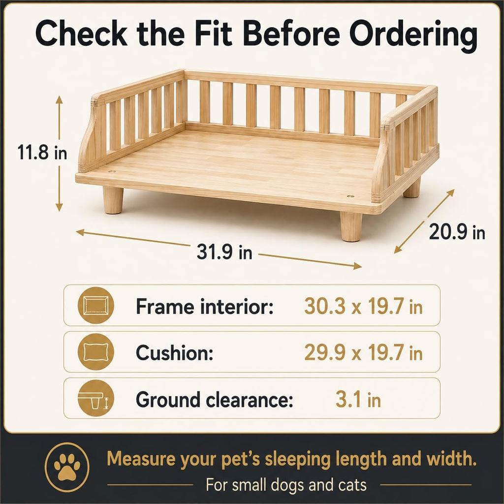 Elevated Wooden Bed for Small Dogs & Cats, 2 Mattress Covers, 30x20 inch
