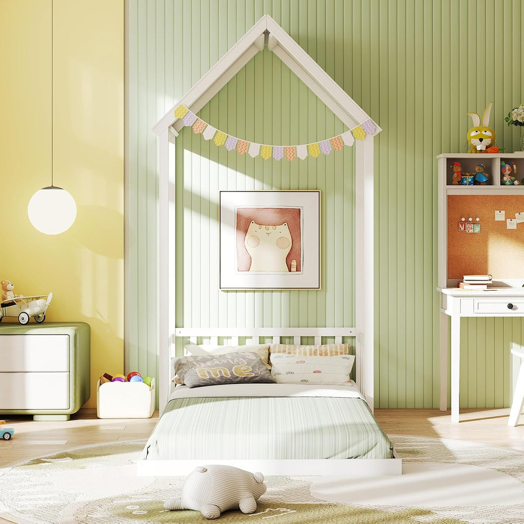House Bed, Montessori Floor Bed with House Shape Roof & Semi-Fence, Solid Wood Bed Frame Without Slats, Low