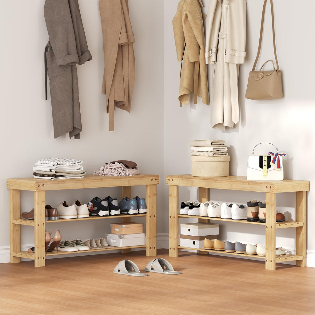 Shoe Rack Bench, 3-Tier Bamboo Shoe Organizer, Wooden Entryway Storage Bench, 286 lb Load Capacity, 11.2x35.5x17.9
