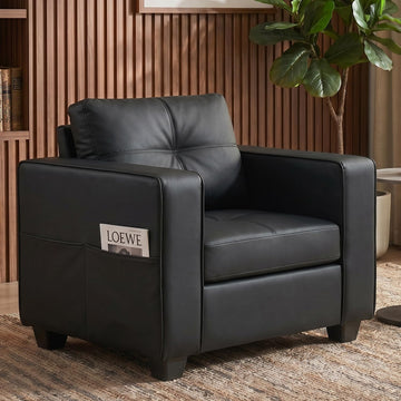Black Faux Leather Accent Chair, Oversized Tufted Armchair