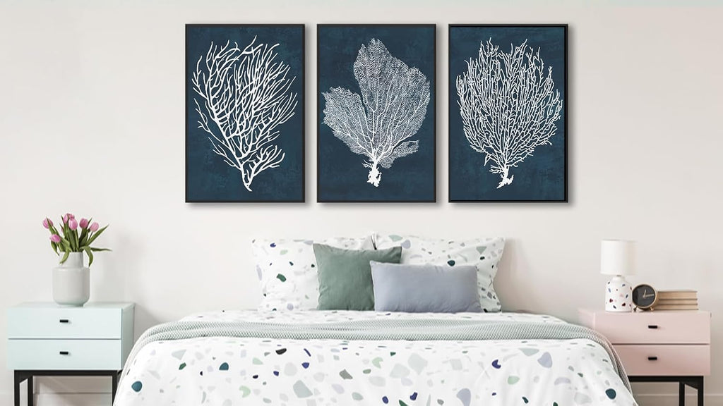 Large Framed Coral Wall Art - Navy Blue Coastal Wall Decor Painting Set of 3 Minimalist Beach Wall Art Prints