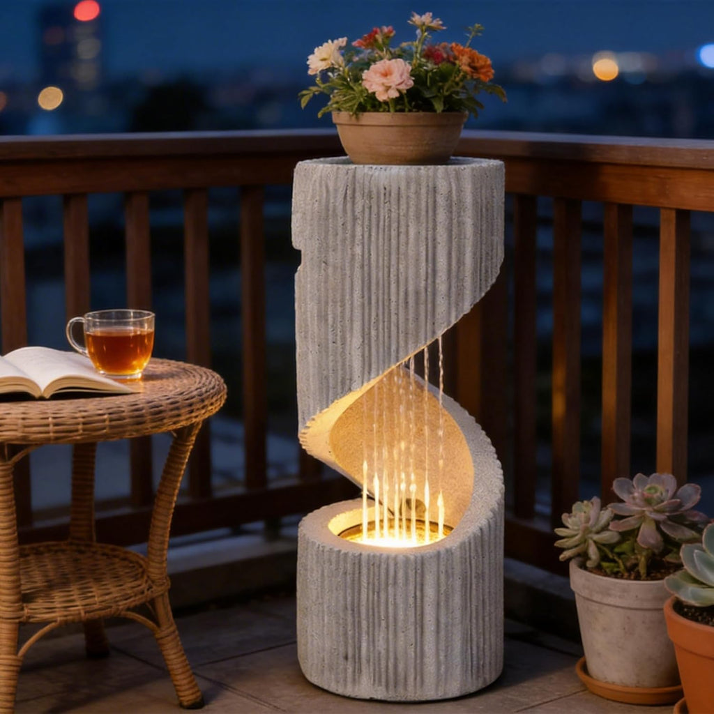 Modern S-Shaped Outdoor Fountain with LED Light, 30" Tall Spiral Column Waterfall Feature with Flat Top for Plant