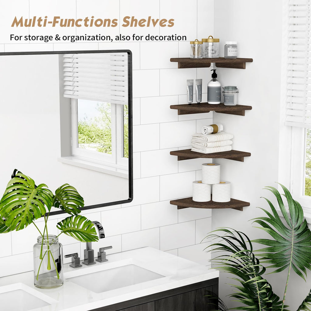 Floating Corner Shelves for Wall Set of 4, Small Corner Bookshelf Books, Round Wooden Corner Shelf Wall Mount Plants