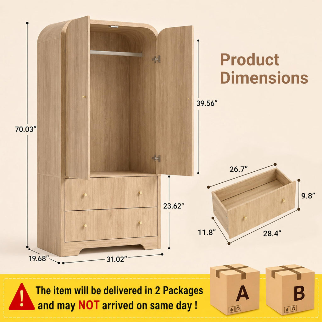 Arched Armoire Wardrobe Closet, 70" Wooden Wardrobe Cabinet with 2 Drawers, Hanging Rod, 2 Doors Clothing Storage