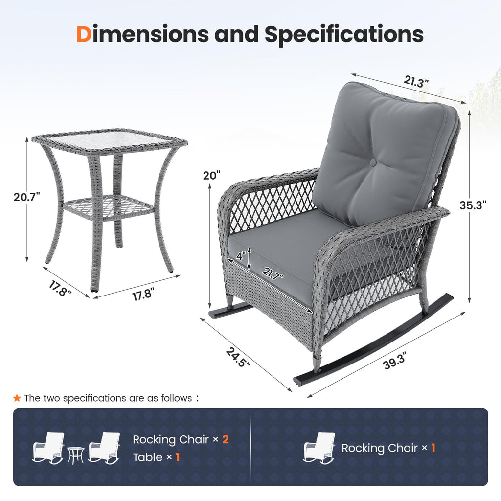 Rocking Chair Outdoor Set 2 w/Coffee Table, 3 Pc Wicker Bistro Set