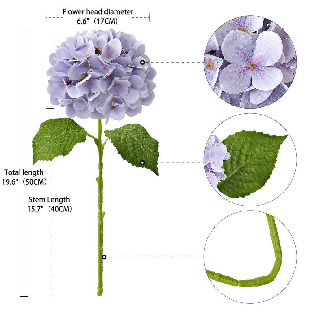 Pale Purple Hydrangea Artificial, 19.6" 4PCS Fake Real Touch Large Faux Hydrangea Silk Bouquet with Green Stems