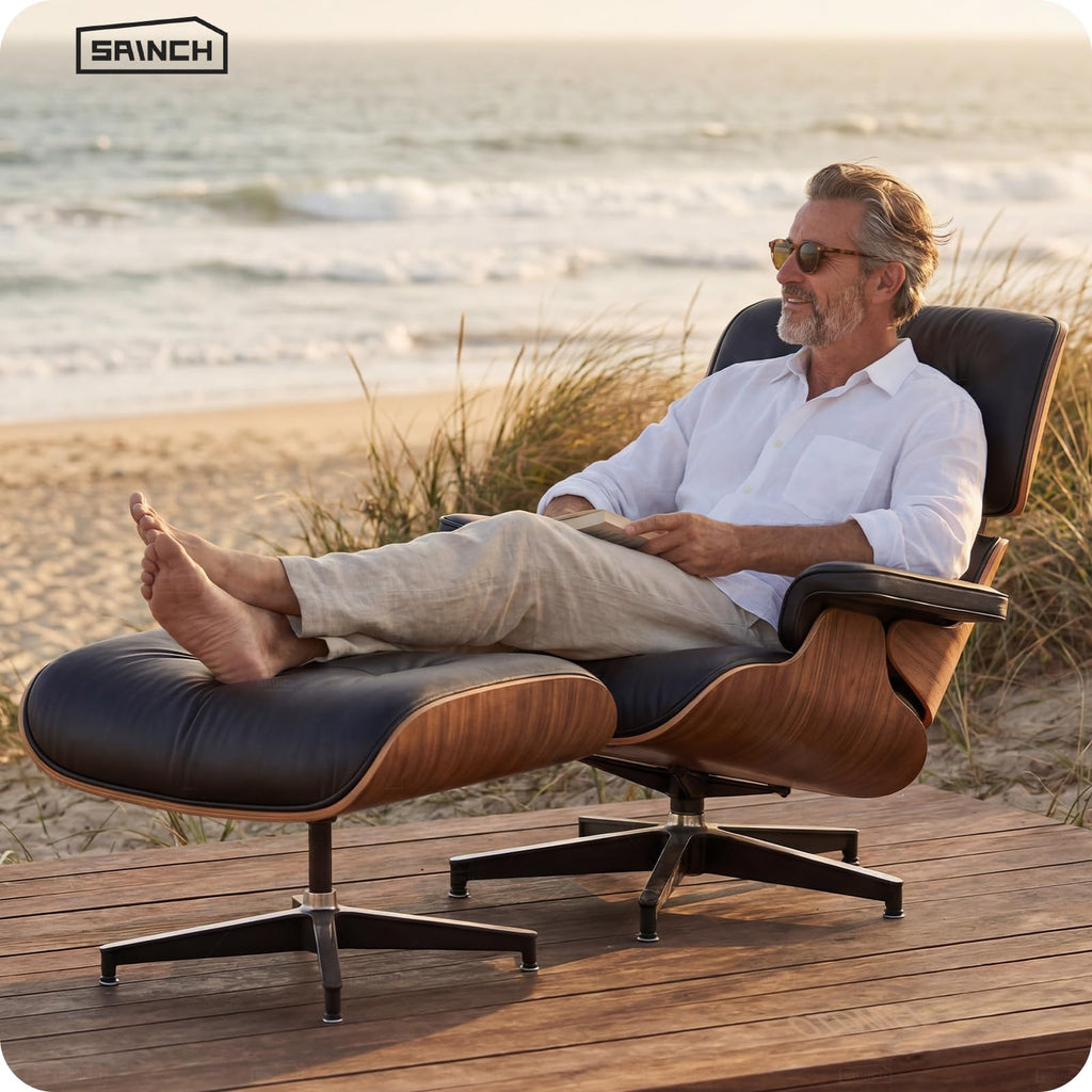 Tumbled Top-Grain Cowhide Leather Chaise Lounge Chair with Ottoman