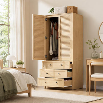 70" Wardrobe Armoire Wooden Closet with 2 Doors and 3 Drawers, Oak