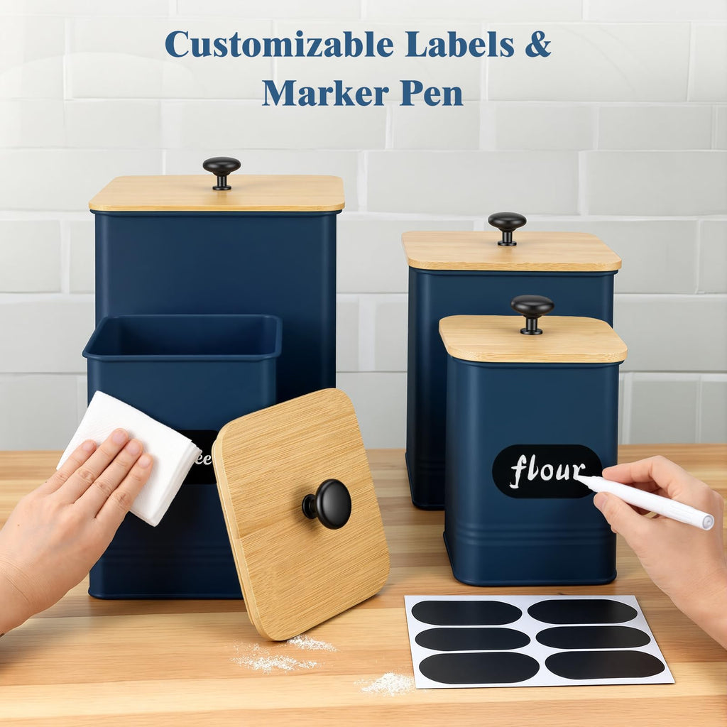 Kitchen Canisters Set 4, Dark Blue Metal Airtight Kitchen Storage Containers