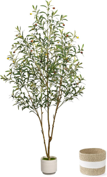 Artificial Olive Tree 6FT - Tall Faux Olive Trees Indoor with Planter&Cotton Basket, Large Fake Olive Plants
