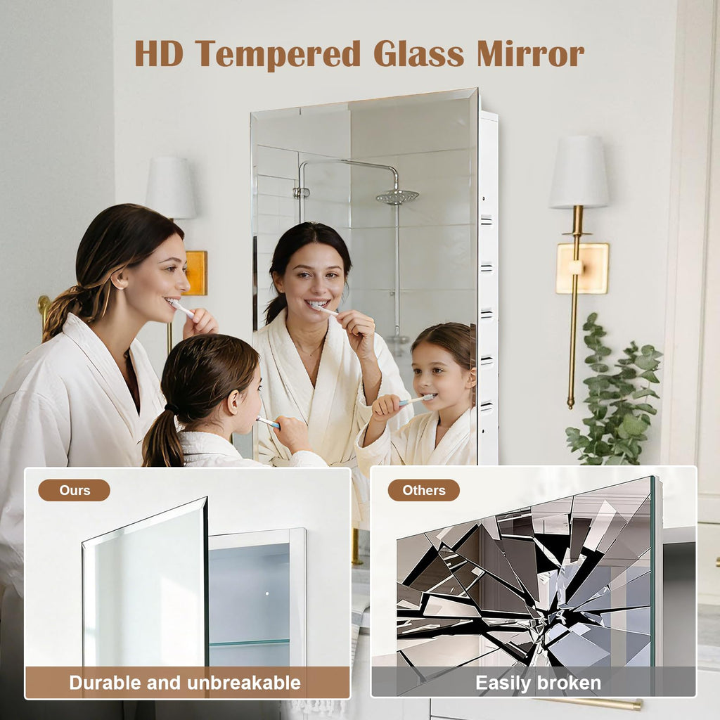 16x26'' Bathroom Medicine Cabinet Mirror with Storage, Surface Mount or Recessed Medicine Cabinet with 4-Tiered