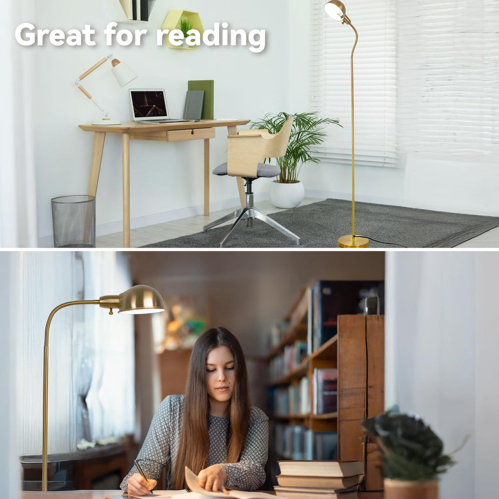 Modern Metal Dimmable Reading Floor Lamp with Remote, Gold‐Remote