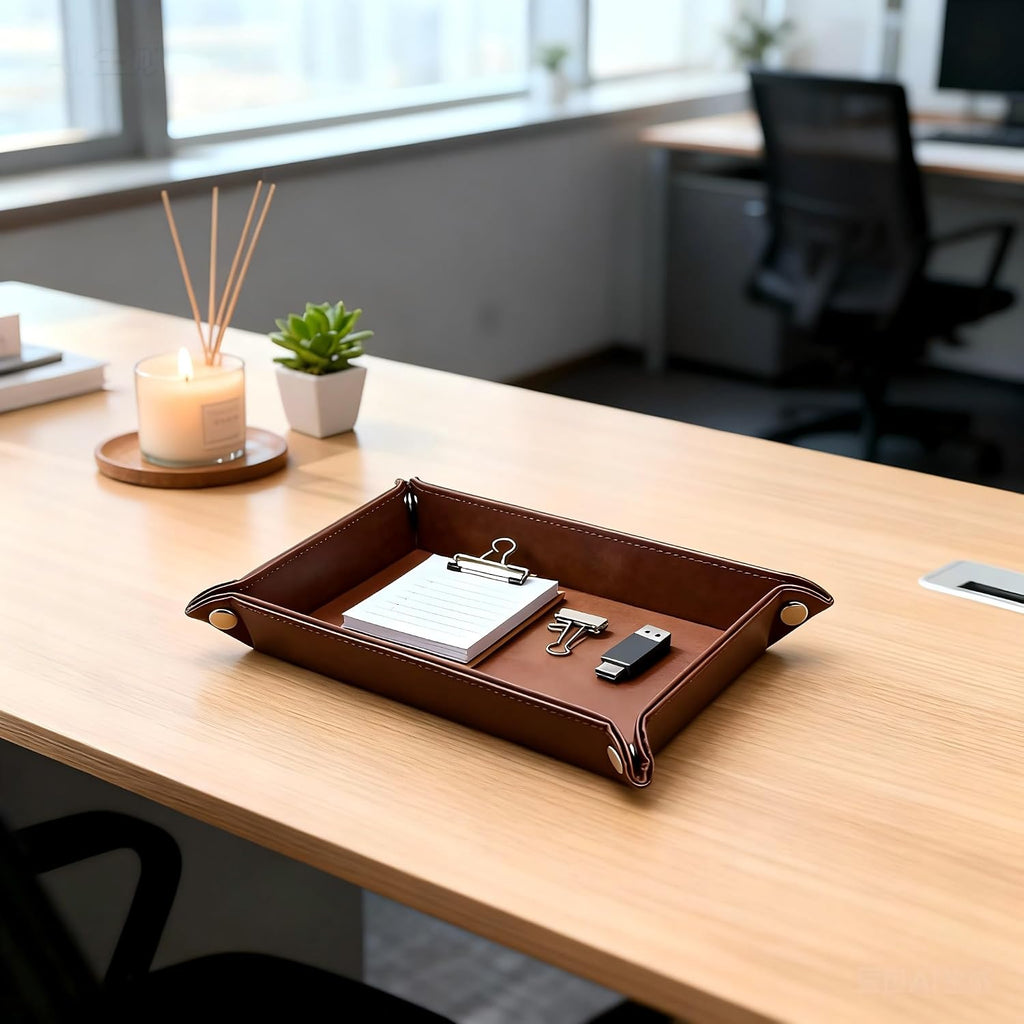 Leather Valet Tray Organizer, Catchall Tray, Desktop Storage for Keys, Coins, Wallet, Phone, Jewelry | Multi-Use