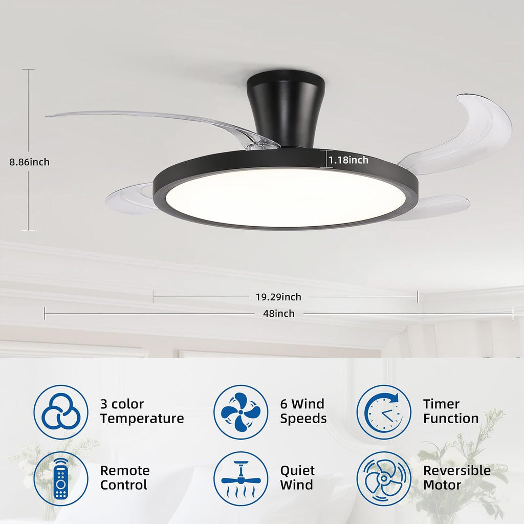 48 inch Black Slim Retractable Ceiling Fan with Light, Low Ceiling