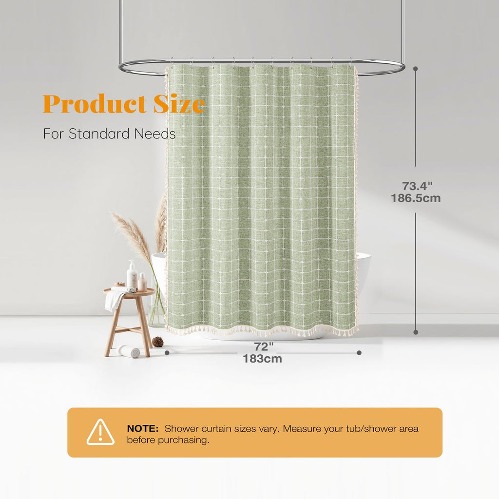 Sage Green Boho Farmhouse Linen Heavy Duty Shower Curtain Set, 72x72