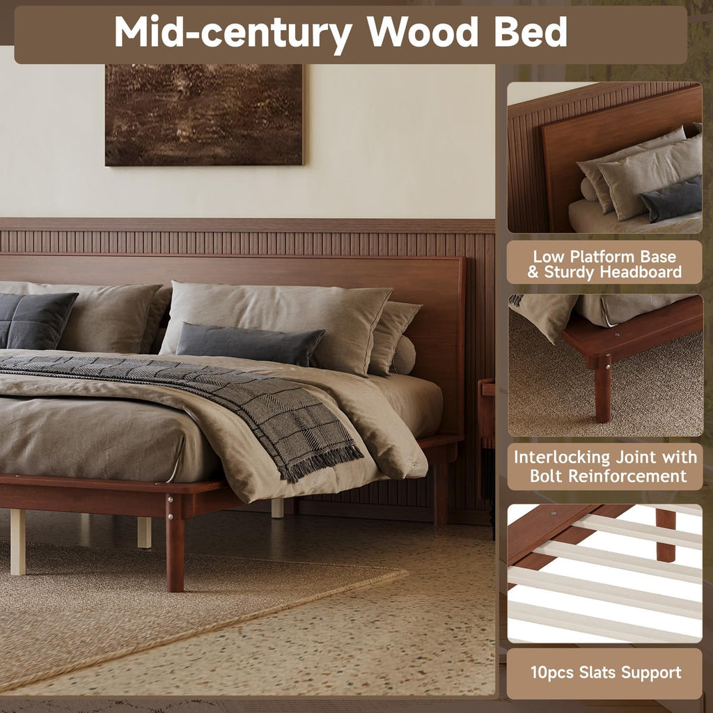 Platform Bed Frame with Headboard Wood, Walnut