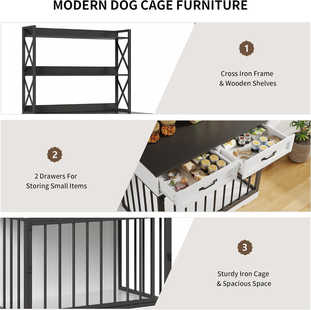 42"×65.4"Dog Crate Furniture, Pet Cage with Storage Drawers & Shelves, Wooden Dog House Indoor. Modern White&Black