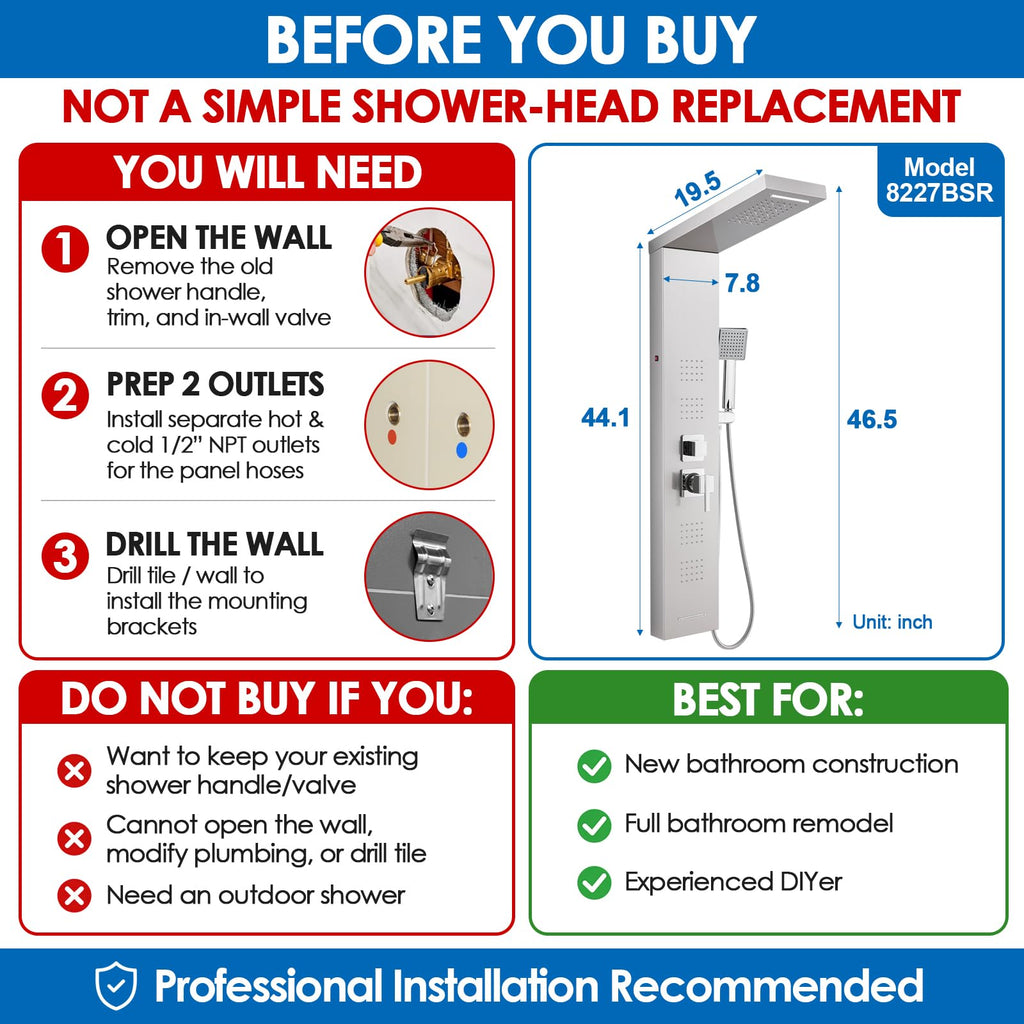 LED Shower Panel Tower System with Lights, 5 Shower Modes, 46.5 Inch