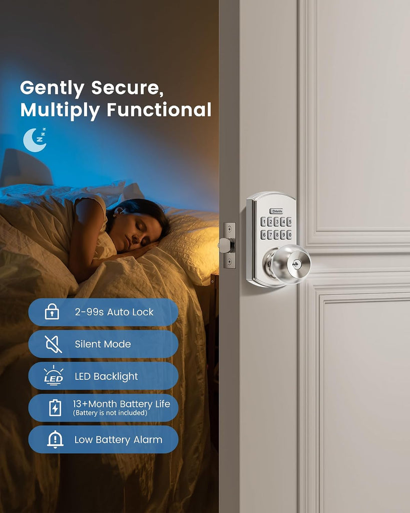 Smart Door Knob with Keypad Keyless Entry Electronic Lock Satin Nickel