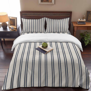 Blue Ticking Stripe 4 Piece Duvet Cover Set, Coastal Vertical Lines Khaki Comfort Bedding Set Include 1