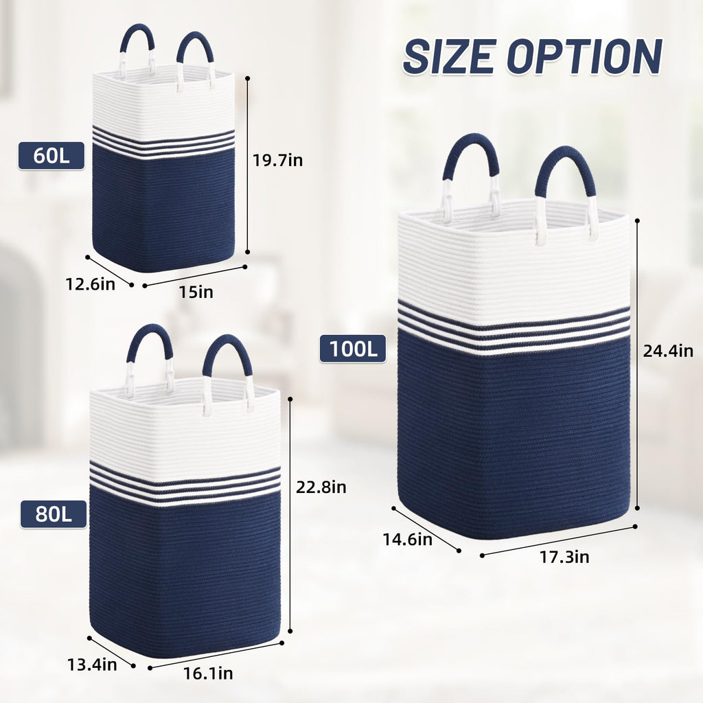 Laundry Basket Hamper, Blanket Storage, Dirty Clothes Hamper with Swivel Handles, Woven Cotton Rope Toy Baskets, Blanket