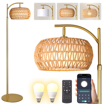 Gold Boho Rattan Floor Lamp w/Remote, Dimmable (2700K - 6000K), 2 - in - 1 Wicker & Fabric Shade, Adjustable 165-172cm